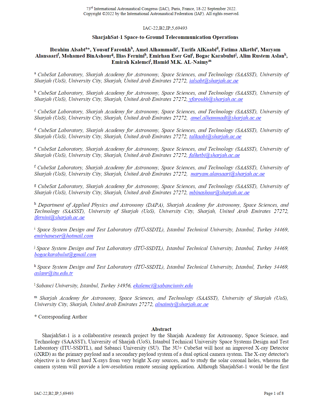 SharjahSat-1 Space-to-Ground Telecommunication Operations